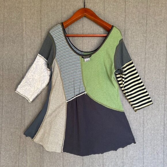 Elisabethan Upcycled Patchwork 3/4 Sleeve Scoop Neck A Line Tunic Top Size Large - Picture 4 of 9
